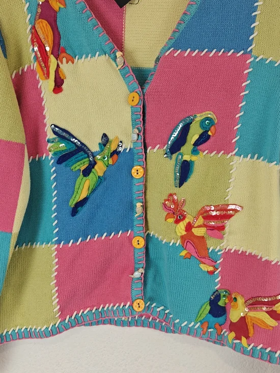 VTG Christina Rotelli Patchwork Bird Cardigan Embroidered Cottagecore M/L - Picture 2 of 13
